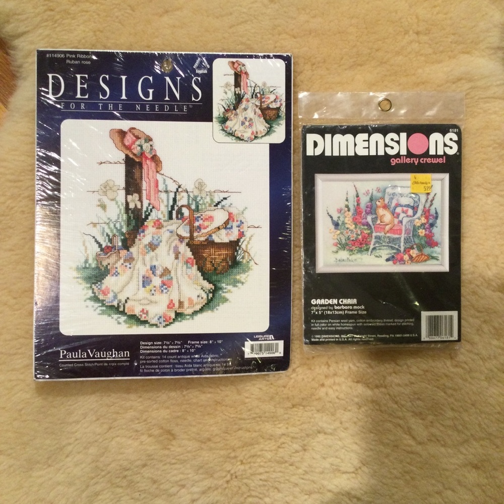Vintage Paula Vaughan and Dimensions embroidery kits, set of 2